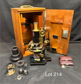 Early 20thC Carl Zeiss Jena Cased Microscope with Numerous Accessories and Slides