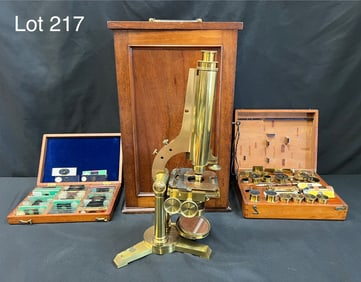 A Very Fine Mid 19thC Cased Smith and Beck Brass Microscope With Complimentary Slides and