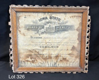 Framed Antique Embalmers Certificate C1900