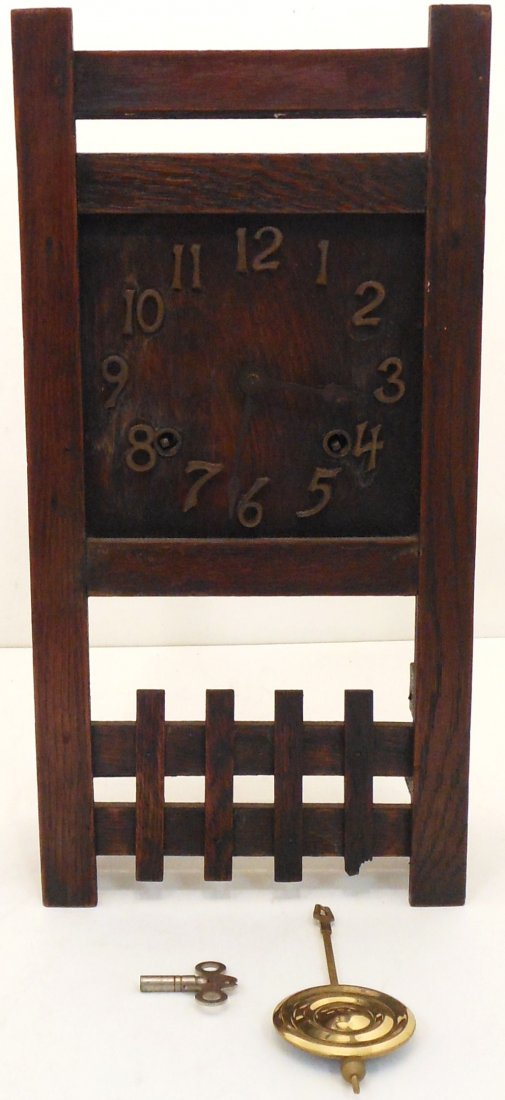 Sessions Mission Style Shelf Clock: 17" tall X 8 1/4" wide X 4 1/4" deep, time and strike Mission Clock, hour chime and half hour bell, wood case has some dings and minor loss. Working condition at time of cataloging not guaranteed afte