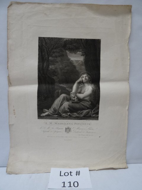 Mary Magdalene: Etching and engraving of S.M. Maddalena Penitente 1822. After Annibale Carracci, Italian, (1560-1609). Published by Giovanni Battista. Folded in center. 21 1/2 inches x 30 inches. Similar pieces are i