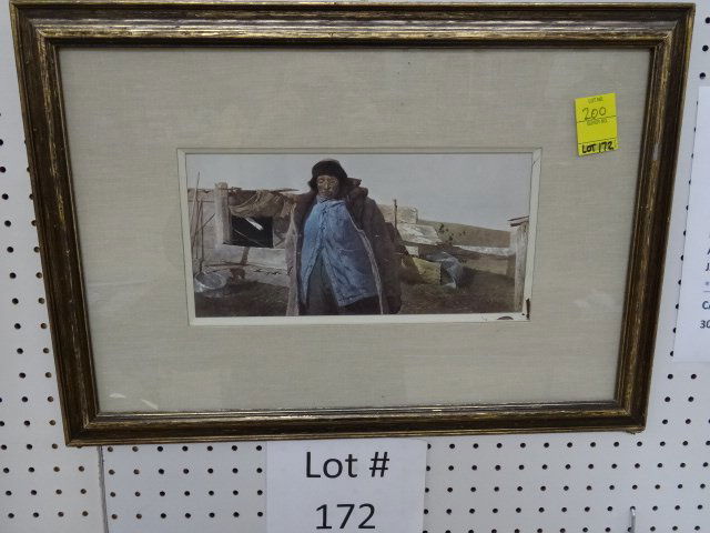 Andrew Wyeth: Fur Hat print of Adam Johnson by Andrew Wyeth. The original done in 1963. *Note- cracking to matting edges around print. 16 1/4 inches x 23 3/4 inches