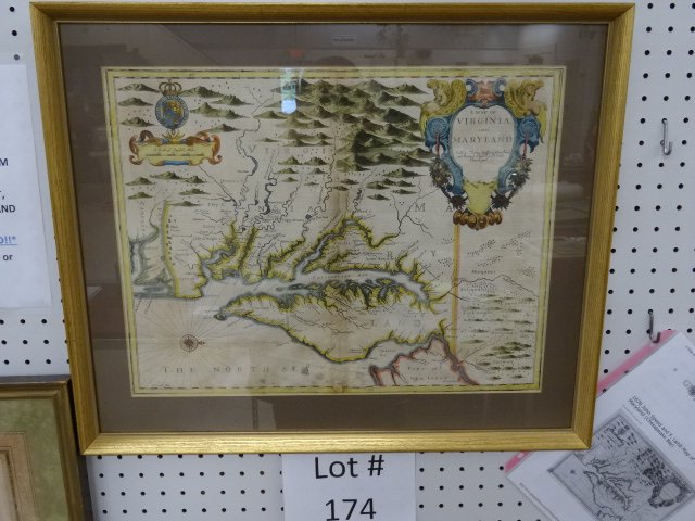 1676 Map of Virginia & Maryland: John Speed and F. Lamb 1676 Map of Virginia and Maryland (Chesapeake Bay). *Note - some foxing and browning where originally folded. 20 inches x 24 inches