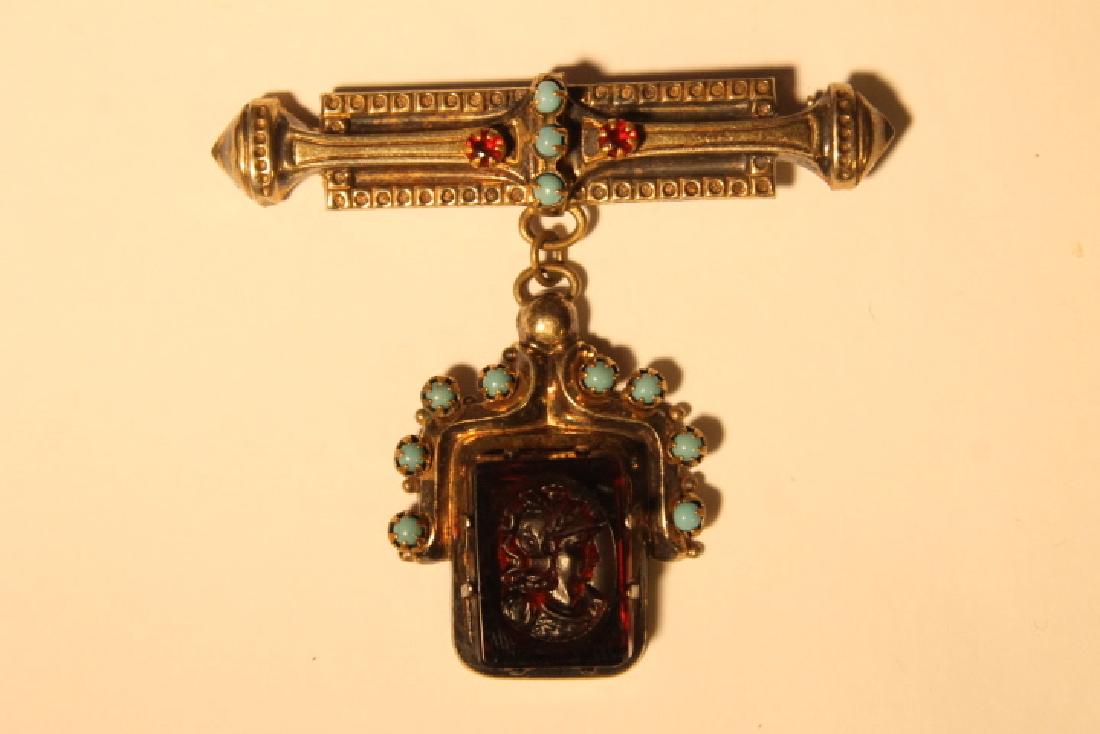 Rode' Silver Art Nouveau Pin: Reverse intaglio of Roman soldier, bar size is 2 1/2" wide, by 1 7/8" long