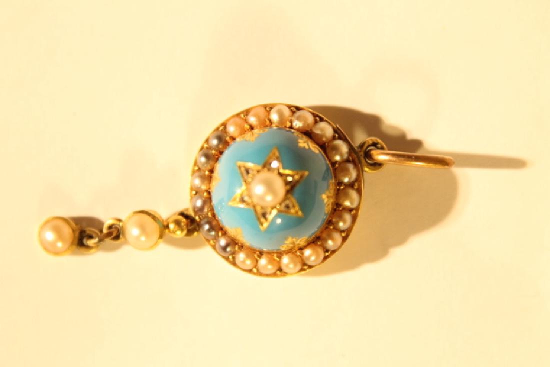Edwardian 18kt Gold Pendant: Edwardian 18kt gold test pendant 6.9 overall grams. Pendant size is 1 1/2" long. Blue stone with white and grey pearls, and diamond chips