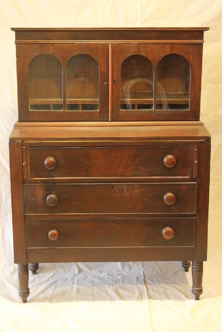 Sheraton/Empire Flip Top Desk: Sheraton/Empire flip top desk with bookcase top, size is 55 3/4" tall by 39" wide, by 18" deep. Wood knobs