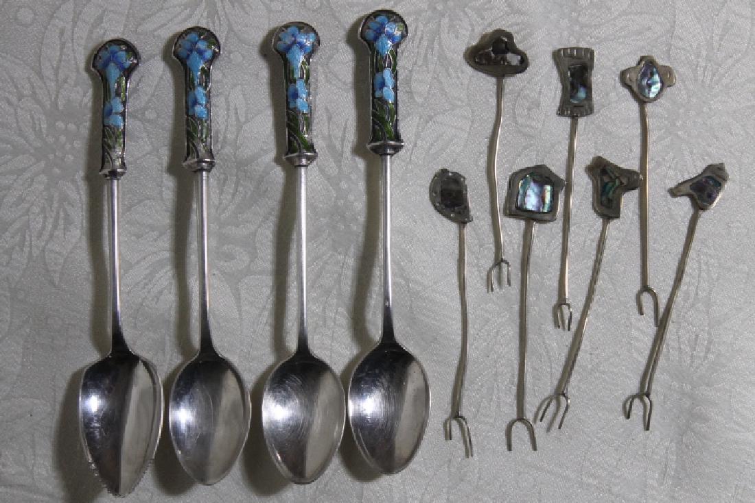 Two sets of Silver: 1.. 4 demitase spoons, with enamel flower decoration 6" 2. Alpaca cocktail forks,w/abalone inlay 3 3/4"