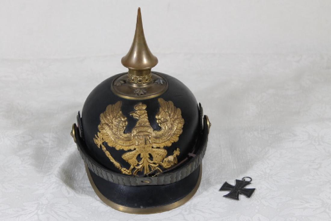 Prussian "Picklehaube" Helmut, & Iron Cross: WW 1 helmut, "Picklehaube" Prussian 1913 stamp on interior, small size along with 1914 iron cross medal. Provenance, Hooper Mansion, Walpole NH