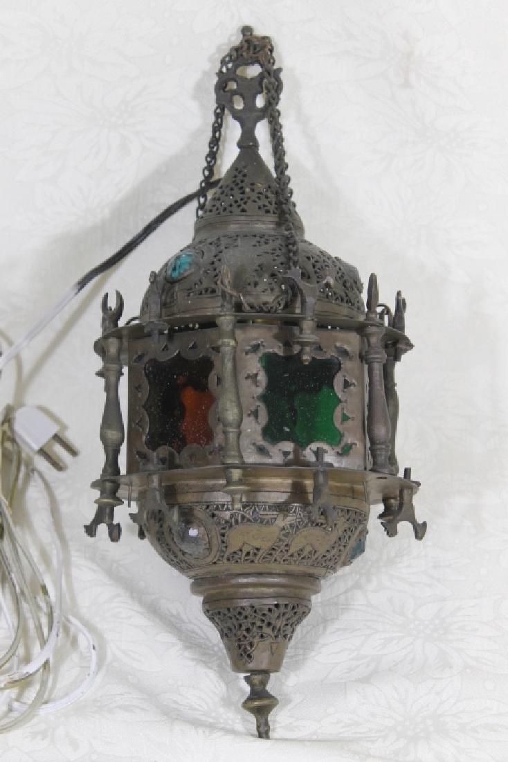 Moorish Hanging Lamp: Hanging lamp, Moorish style, stained glass and metal, size is 15" tall by 6 1/2" diameter