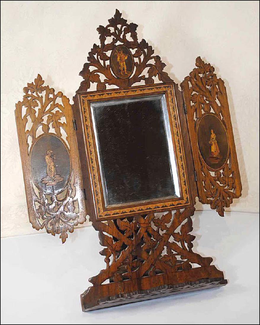 Italian Table Mirror: Table top beveled glass mirror, cut scroll work with folding screen, inset with 3 full portrait medalions on inside, and birds on side folds outside. Size is 16" tall by 12 12" open width