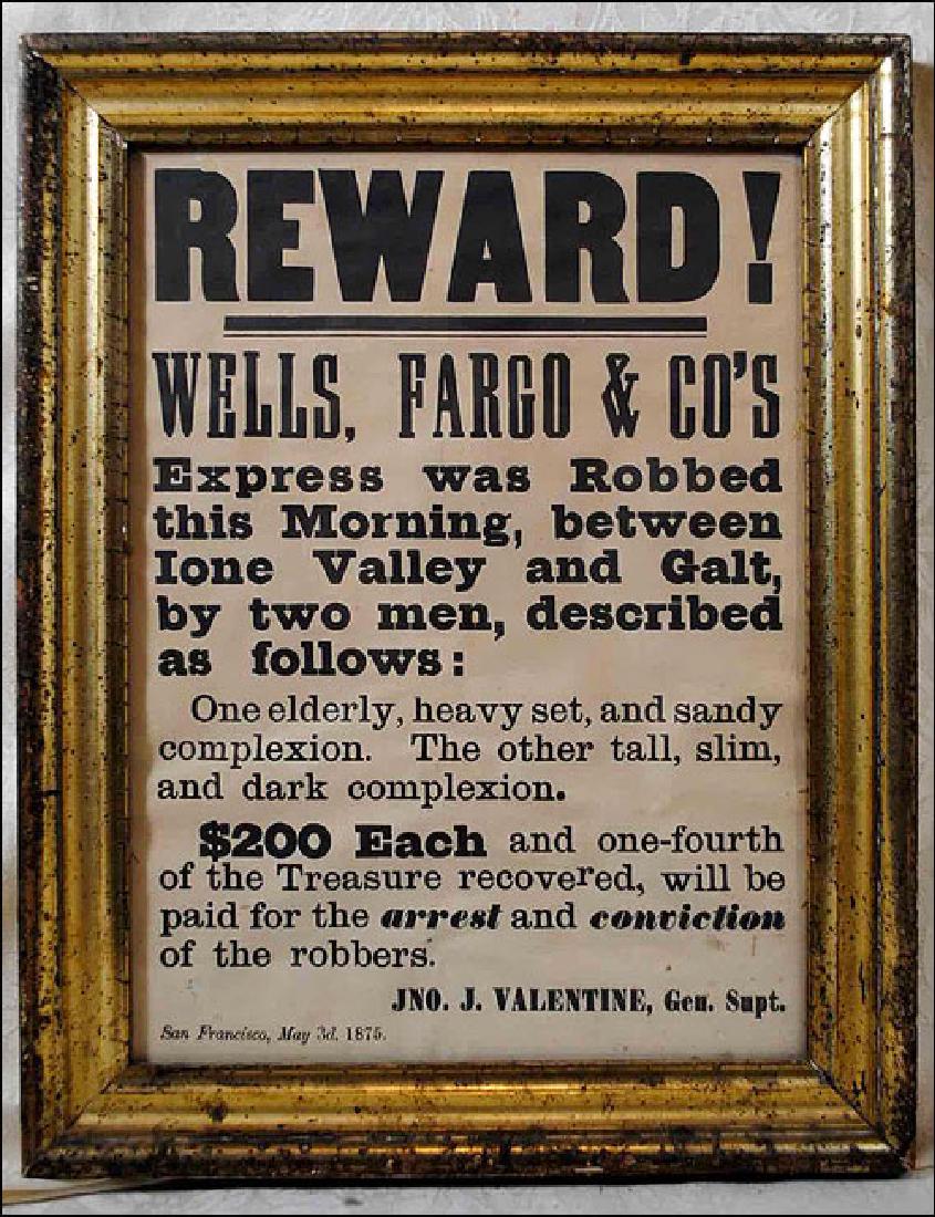 1875 Wells Fargo Reward Poster: Framed Wells Fargo reward poster size is 14 x 11" in lemon gilt frame