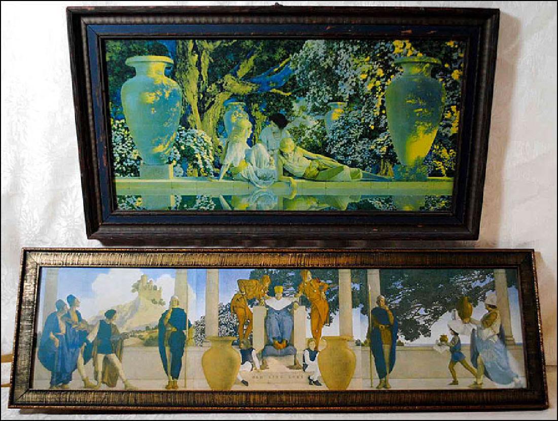 Two Maxfield Parrish Prints: 1. "Garden of Allah" size is 11 1/2" x 20 1/2" initialed in plate M.P. and paper label on reverse 2. "Old King Cole" size is 8 1/4" x 27 1/4" paper label on reverse and Jordan Marsh label
