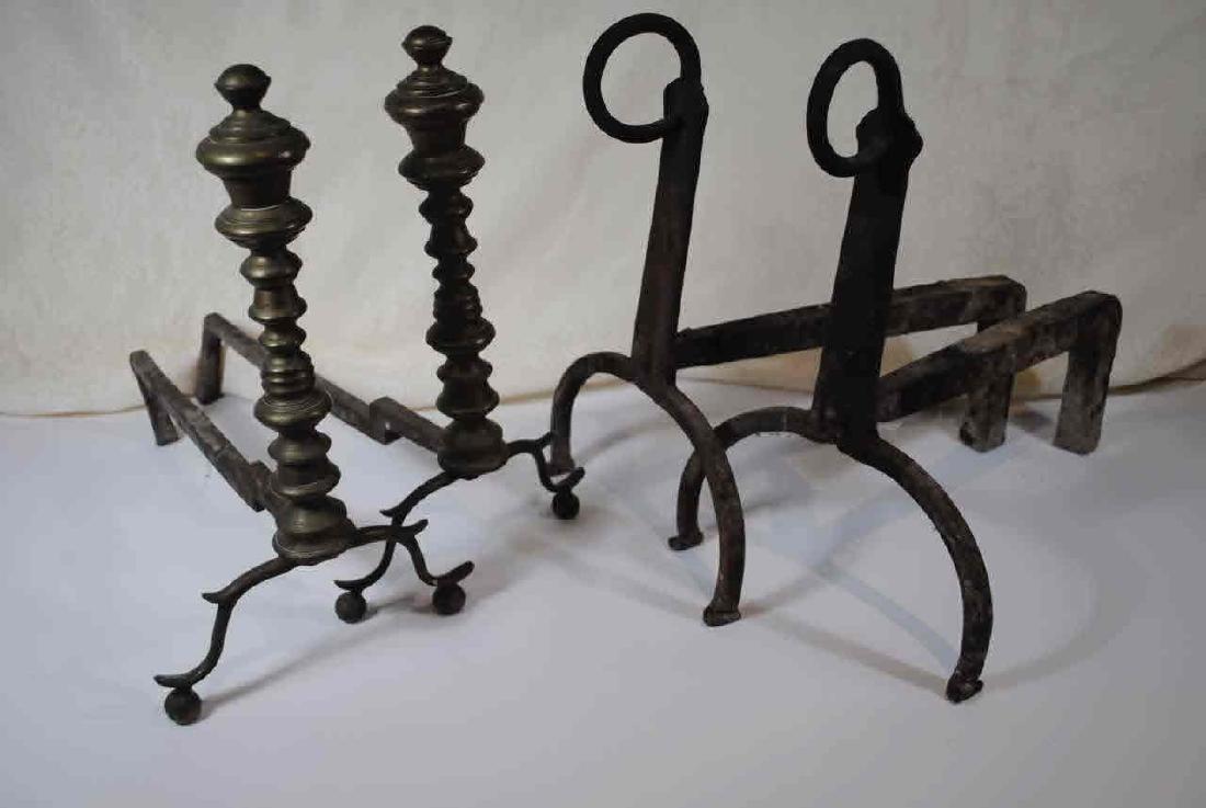 Two Sets of Andirons: 1. Cast iron, 19th century, size is 15 1/2" x 14", 2. Brass, 19th century, 15 1/2" x 15" Braley estate, Westminster VT