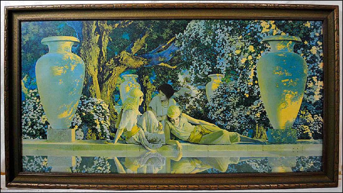 Maxfield Parrish Print "In the Garden of Allah": Maxfield Parrish print titled "In the Garden of Allah" size is 17 1/2" x 32 1/2" printed in plate on right side M.P. in original deco frame