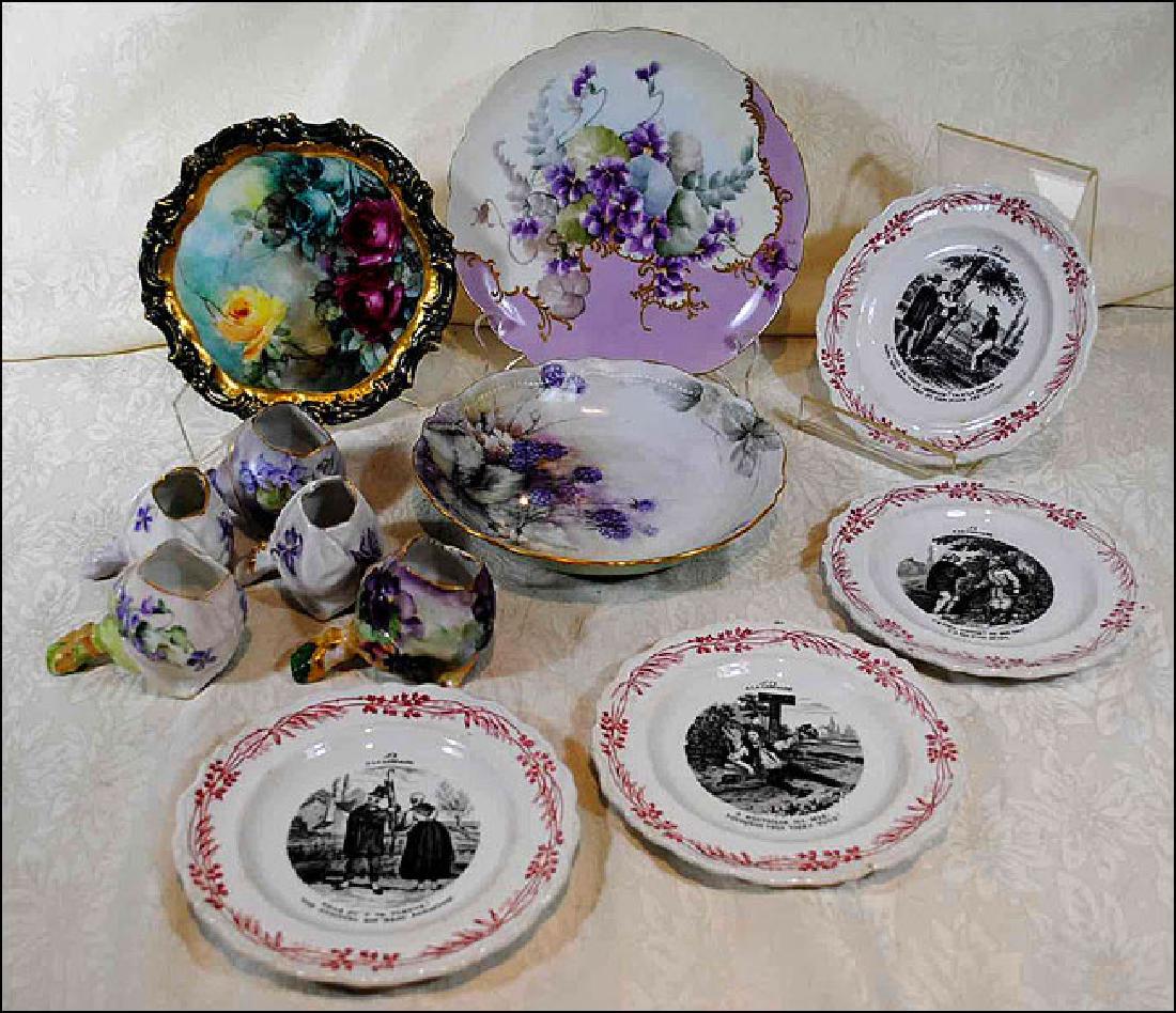 Eleven French & one Austrian Porcelain Pcs: 5 individual handled table servers, 4 Creil Et Montereau 6 1/2" plates, T & V table trivet, Haviland violet decorate floral plate and 1 Austrian berry bowl