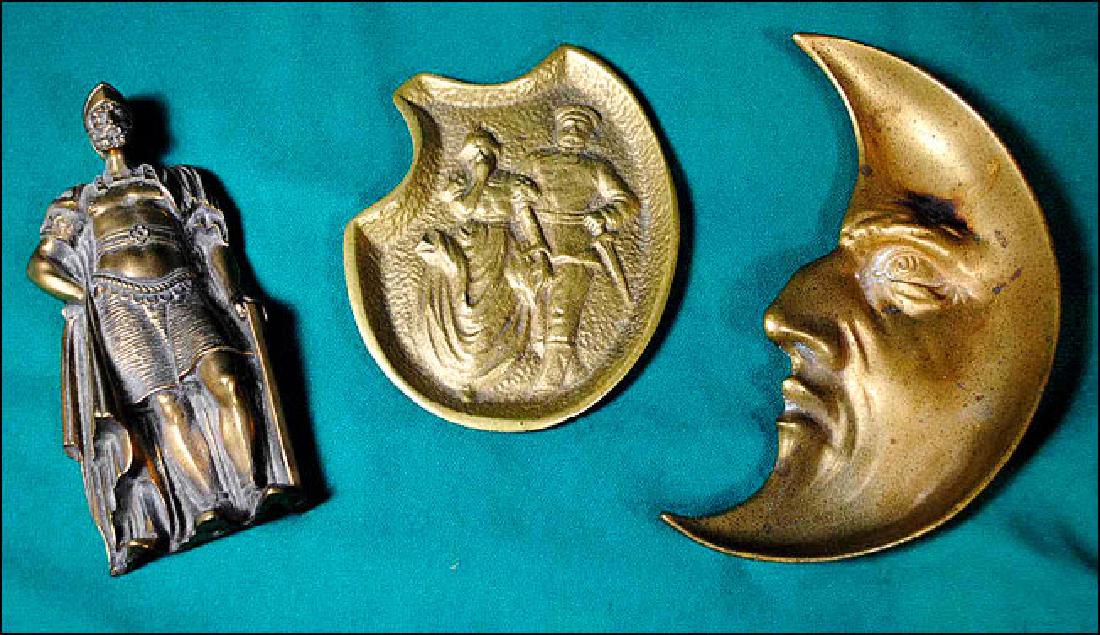 Three Brass Pcs: 1. Brass figure of a Roman soldier 5 3/4" 2. Crescent moon tray 6 1/2" 3. German naughty tray