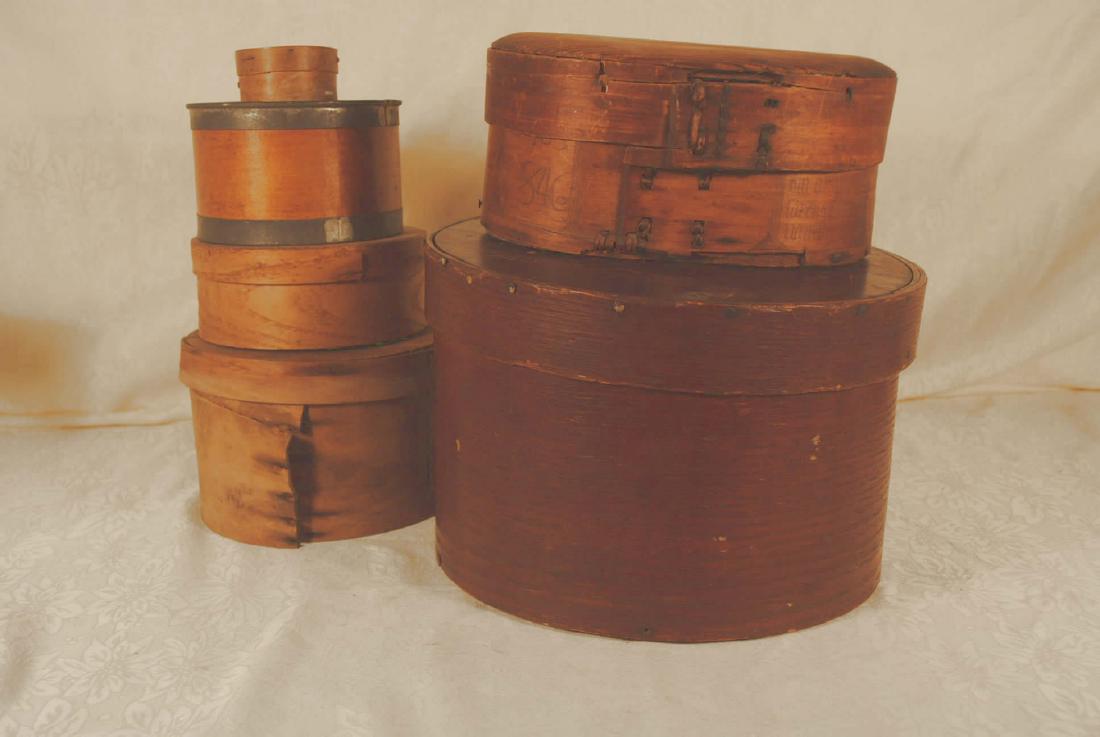 Lot of Six Boxes: European, 1846, hand drawn and stitched 9 1/2" oval, oak box, original paint, 11 3/4 inch oval, 1858 New York Tin trimmed 5 1/2" round, Berkshire Creamery, Boston, 6 1/2" and small 2 3/4" round maker