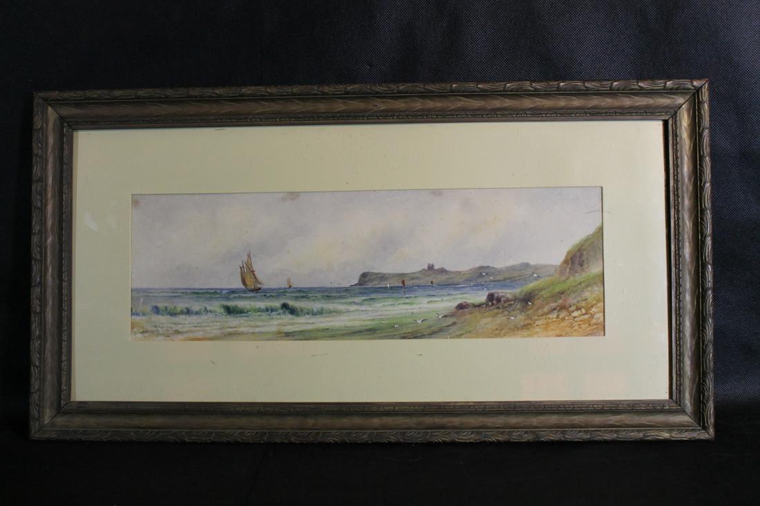 J. Geldard Walton [British]: Watercolor seascape, S.L.L. sight size is 5 1/2" x 17 3/4" overall framed size is 13 1/2" x 25 1/2"
