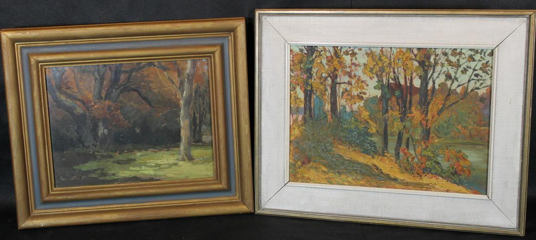 2 Arts & Crafts Oils: 1.Unsigned landscape mid 20th century on masonite, overall framed size is 14" x 17" 2. Unsigned oil on canvas board, trees at edge of pond, overall framed size is 14 1/2" x 18 1/2"