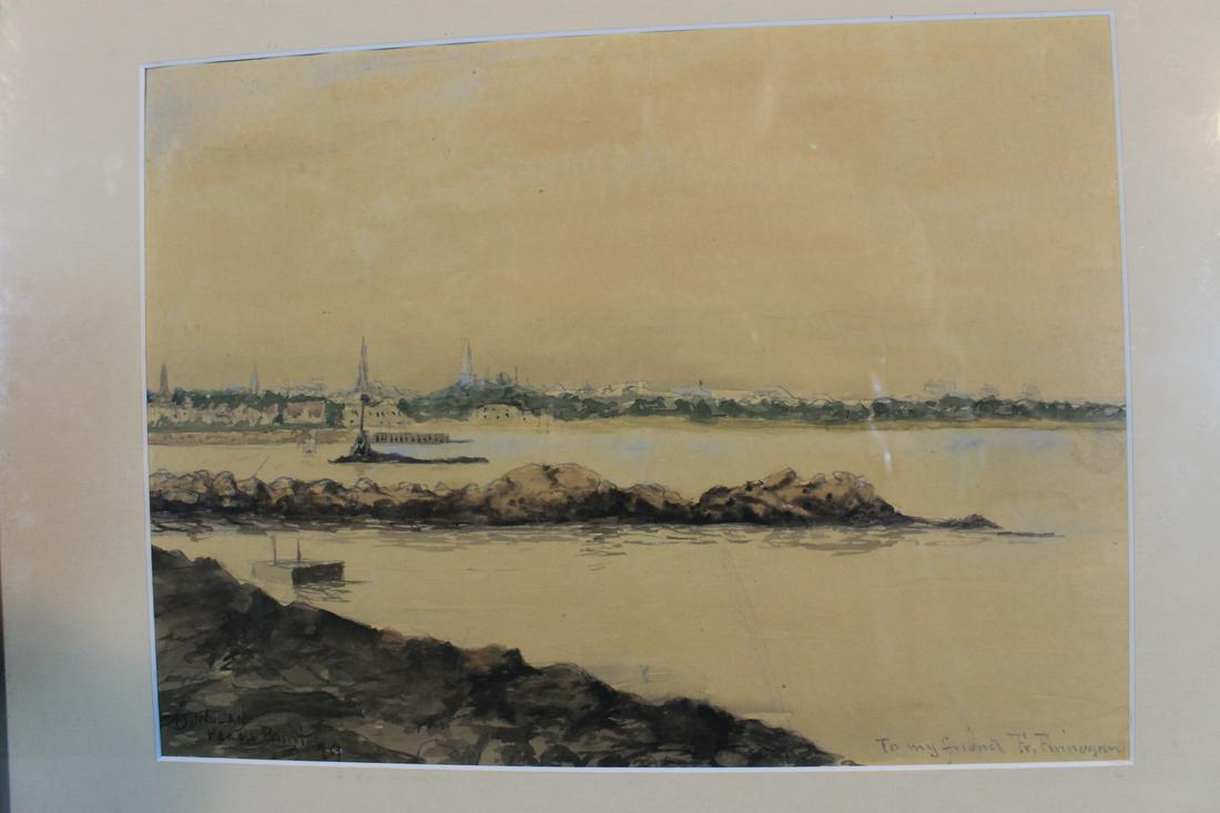 D.J. Nolan Watercolor [Am. MA b1862-d1920]: Watercolor by D.J. Nolan S.L.R. and inscribed lower left "Peach Point Mass, [MA] to my friend Fr. Finnegan." Size 8 1/2" x 11 " overall framed size 12 3/4" x 16 3/4"