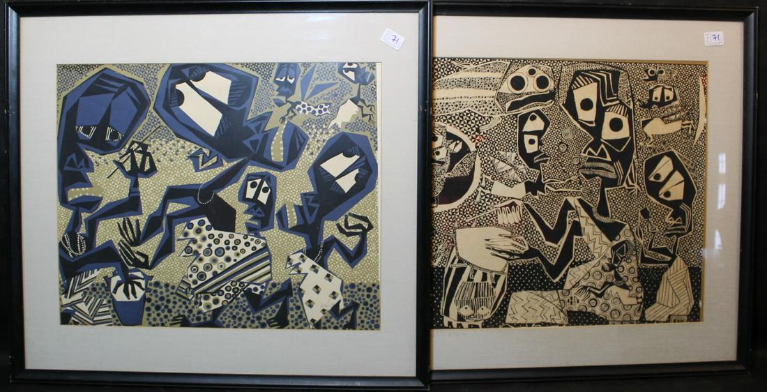 Susanne Wenger [Austrian b.1915-d. Nigeria 2009]: Pr. of prints both signed lower right, Susanne Wenger is very well known for her African cultural screenprints. 1. blue and beige dancers, 2. black and beige, drumming, both overall framed size is 28"