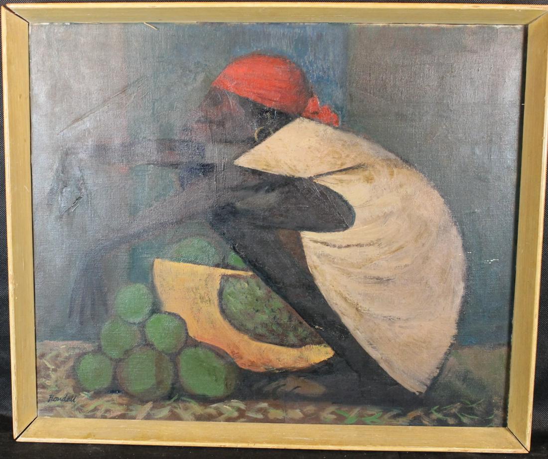 Lester Rondell [Am. NYC b.1907 - d.1985]: Oil on canvas, woman fruit seller, SLL L. Rondell, size is 20" x 24", overall framed size is 21" x 25"