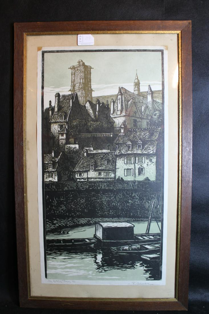 Fernand Chalandre [French b. 1879 - d. 1924]: Wood block print pencil signed lower right F. Chalandre and titled "Solon Des Artistes Francais 1913, size is 22 1/4" x 12", framed size 27" x 16 1/2"