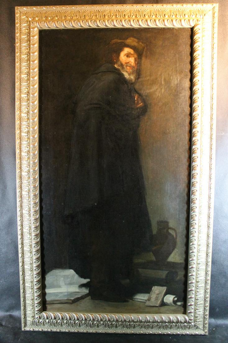 Oil on Canvas, Unsigned 17th or 18th Century: Unsigned oil on canvas, late 17th or early 19th century, Man with beard, coat, hat, and boots, standing, size is 35" by 18 1/2", overall framed size is 40 1/2" x 24"