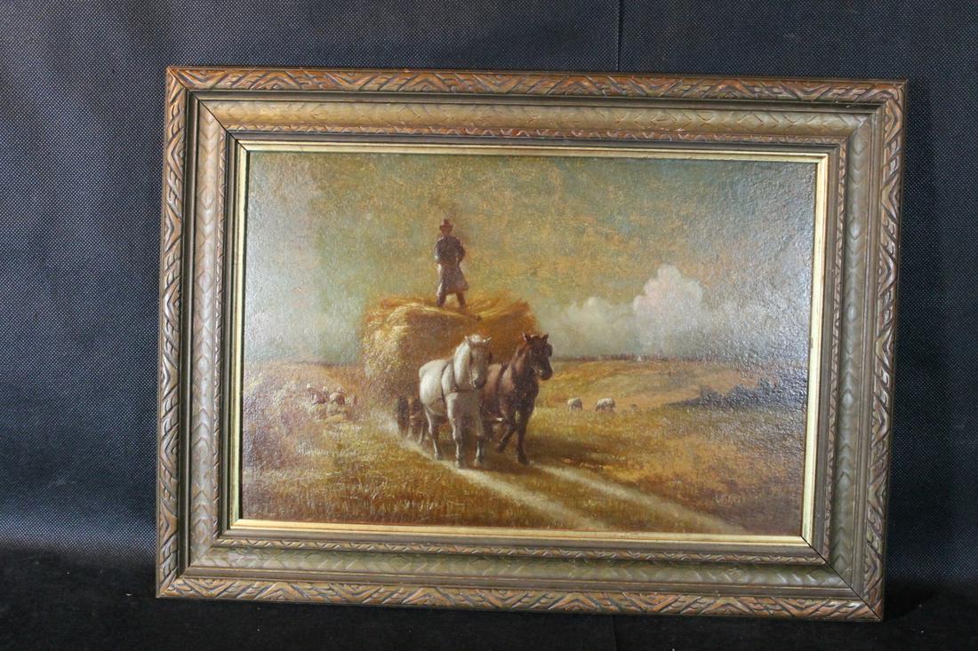 Harry Roseland attribution: Unsigned oil on board, field workers bringing in hay, size 10" x 15 1/2", framed size 15" x 20", signed on reverse Harry Roseland