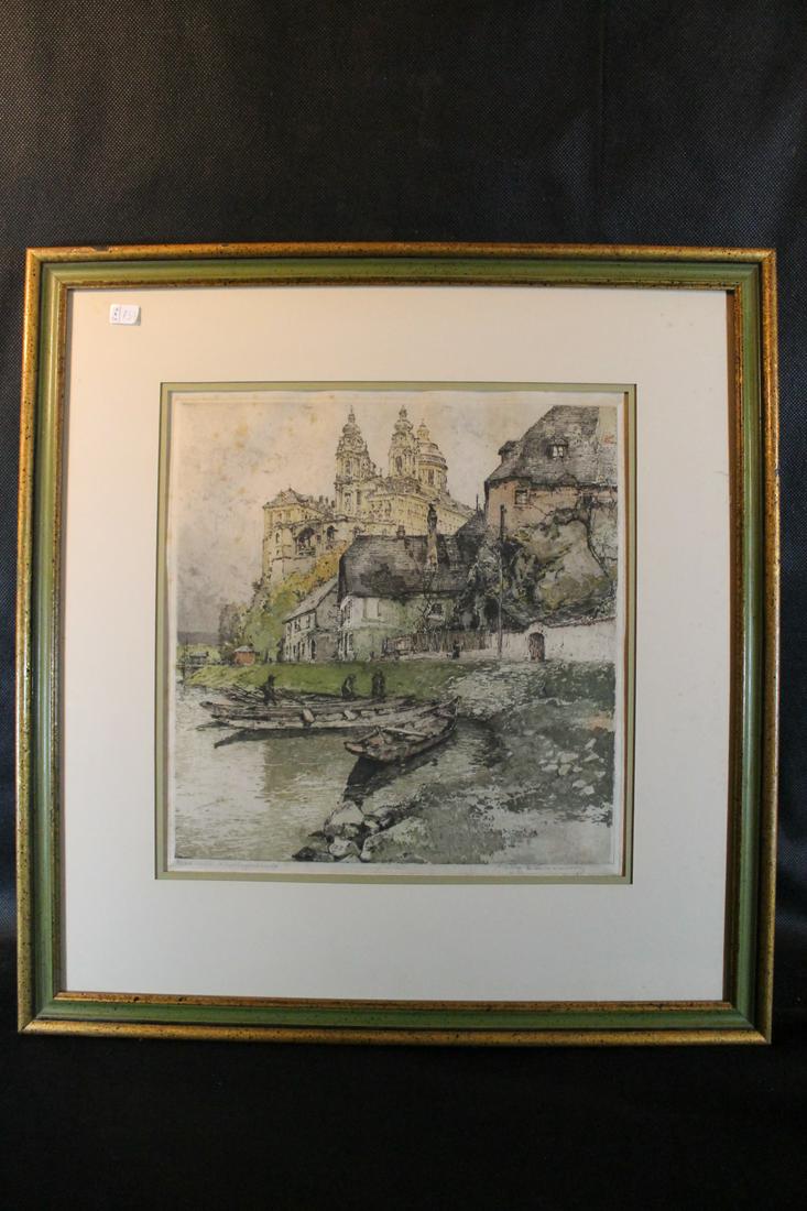 Luigi Kasimir [Austrian b.1881 - d.1962: Colored etching of a shoreside mansion, SLR, #39/350, size 12 1/2" x 12", framed size 20" x 19"