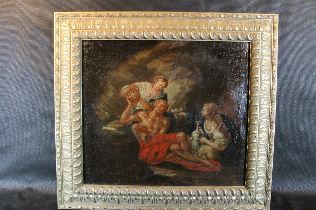 Continental Oil on Canvas: Unsigned oil on canvas, reclining man being served by two maidens, 17th/18th century15" x 17" framed size 20 1/2" x 22 1/2"
