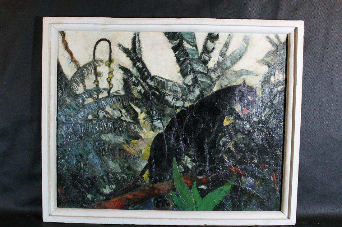 Tavik Frantisek Simon [Czech 1877 - 1942]: Oil on canvas, of a black panther, signed lower right T.F. Simon, size 24" x 30", framed size 25 1/2" x 32"