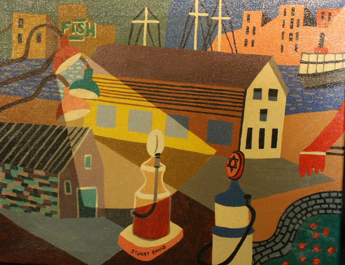 In Manner of Stuart Davis [Am. b.1892 - d.1964]: American modernist painting, signed "Stuart Davis" landscape with garage lights, size is 16" x 20". This work has not been corroborated to be by the artist.