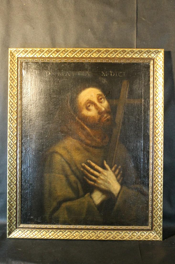 17th Century Renaissance Ptg: Alegorical ptg, oil on canvas, Martyr with a cross, written to top "PD Mattia Medici" possibly a likeness of Mattias De Medici. Size 25 1/2" x 20", framed size 29" x 20"
