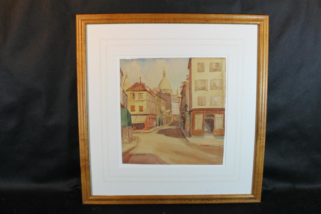 Jane Peterson [Am. b.1876 - 1965]: Watercolor of a french street scene, sight size 12" x 11 1/2", framed size 23" x 21"