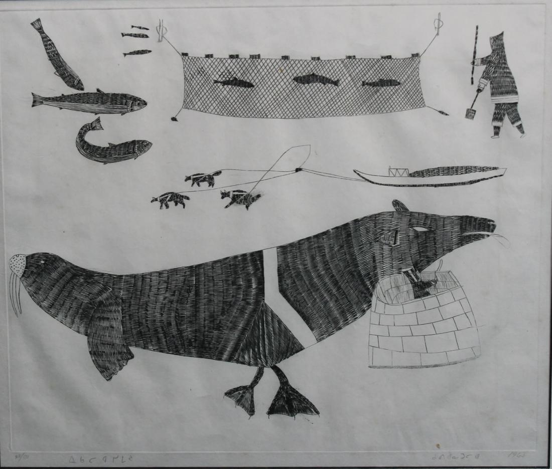 Inuit , PARR, Quvianatuliak [1930], Etching: Inuit etching, Community: Cape Dorset, signed and dated 1963 lower right, # 48/50 lower left, sight size 10 1/2" x 12 1/4" framed size 16 1/2" x 18 1/2" [Identified by specialist]