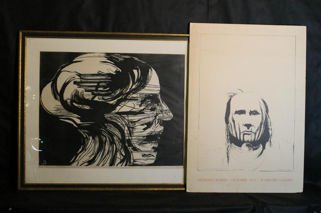 Leonard Baskin Print & Poster: 1. Poster 1974 Nasrudin Gallery, size 35" x 24" 2. LB Artist Proof print, inscribed "For Donald from Lisa and Leonard pencil sgned Baskin size 23 1/2" x 29 1/2" framed 32" x 37 1/2"