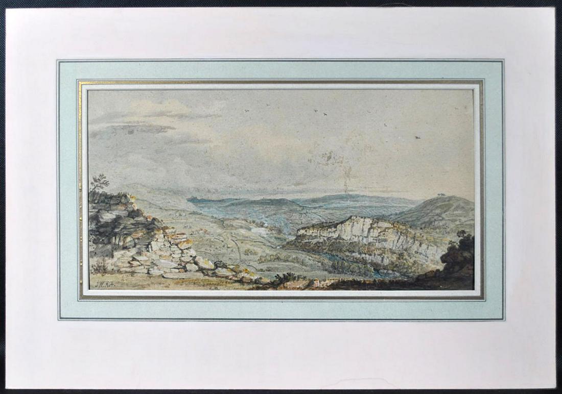Watercolor, Initialed J.W. RA: Watercolor initialed lower left, J.W. RA [Royal Academy of artists] inscribed "Matlock Hightor looking from the height of Abraham [Derbyshire UK], size 11 1/2" x 19 1/4" unframed