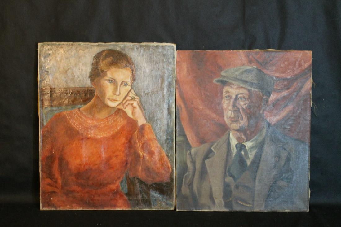 Two Unsigned Portraits: 1. Oil portrait of a man in cap and suit, size 24" x 20" 2. Oil portrait of a lady, resting