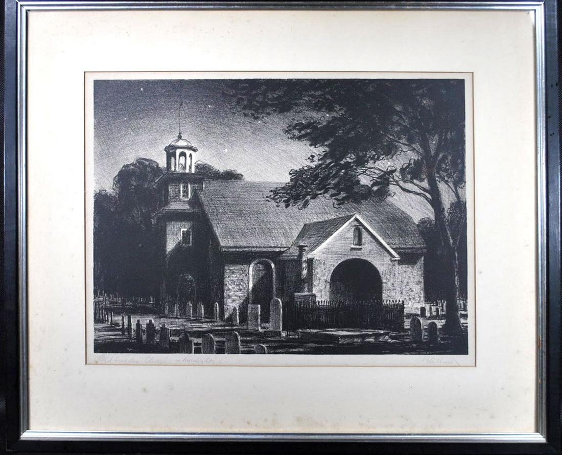 Peter Hurd [Am. b.1904 - d.1984]: Peter Hurd etching titled lower left "Old Swedes Church in Moonlight" and pencil signed lower right and dated 1938, sight size 12 1/2" x 16 1/2", framed size 20" x 23 1/2". Hurd studied with A. Wyeth