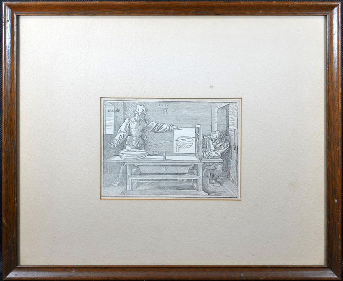 Albrecht Durer [German b.1471 - d.1528]: Titled "The Draughtsman of the Lute" second printing monogram and dated 1530, size r 7/8", writng in verso