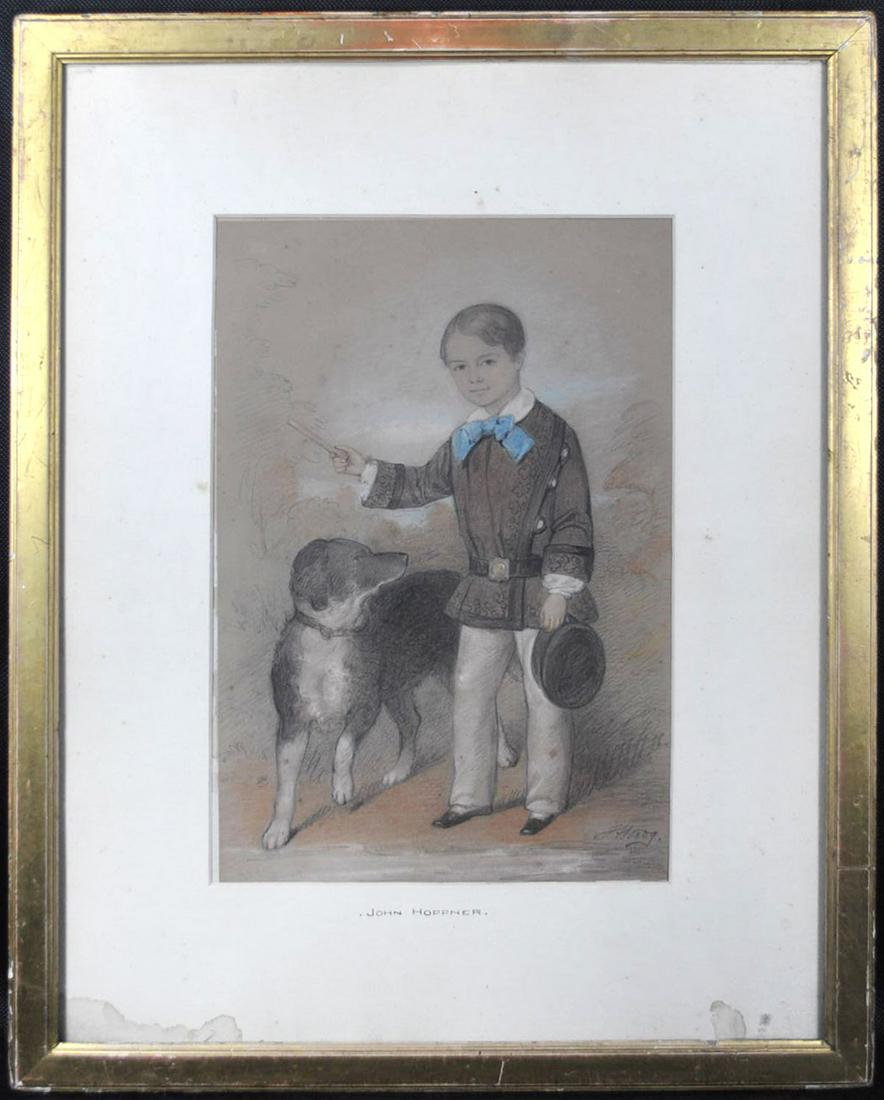 John Hoppner RA [British b.1758 - d.1810]: Charcoal drawing of a boy with dog, initialed lower left and dated J.H. 1809. Influenced by Reynolds Hoppner entered the Royal Academy of artists in 1778 achieving the highest award in 1782, sight siz
