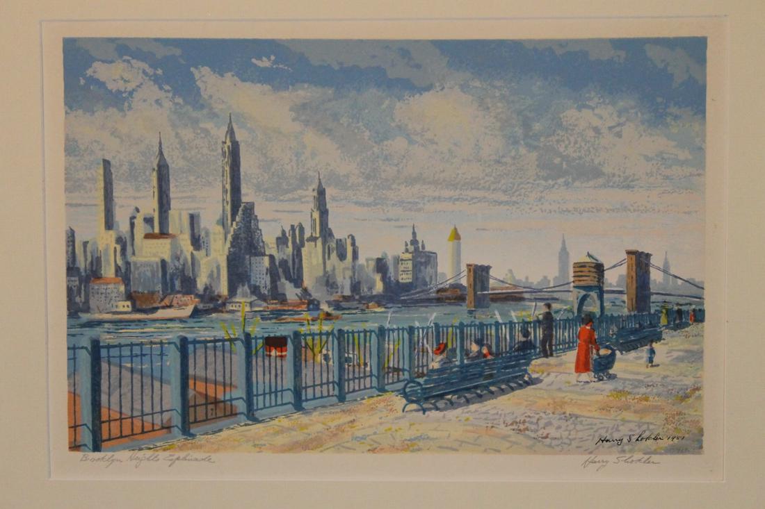 Harry Shokler [Am. b.1896 - d.1978]: WPA artist, Harry Shokler settled in Londonderry VT worked and studied in Europe and North Africa, silk screen print titled left "Brooklyn Heights Esplenade" and SLR sight size 11" x 16" framed size 1