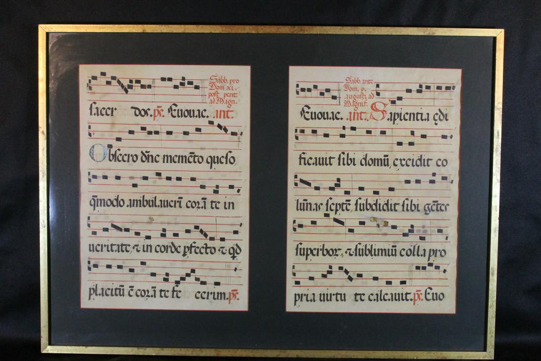 Two Vellum Sheet Music Sheets: Lot of two vellum sheet music sheets, late 18th early 19th century sight size per sheet 19" x 13 1/2" framed size 26" x 36"