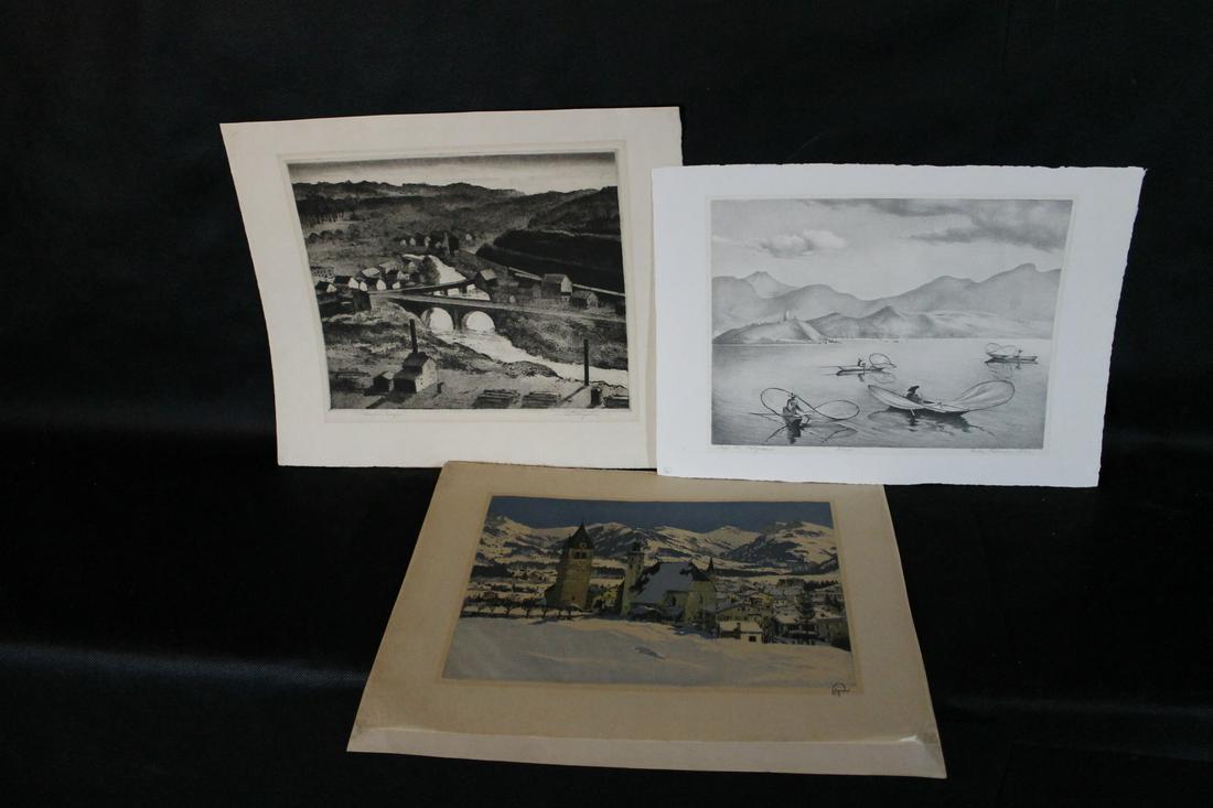 Lot of three 20th century etchings: 1. Samuel Margolies [Am. b.1897 - 1974] titled "Peaceful Tamaqua" SLR unframed sheet size 13 1/2" x 16" 2. Hans Figura, sheet size 12 1/8" x 16 1/8" 3. Ella Filmore Lillie, titled "Lago de Patcenara,"