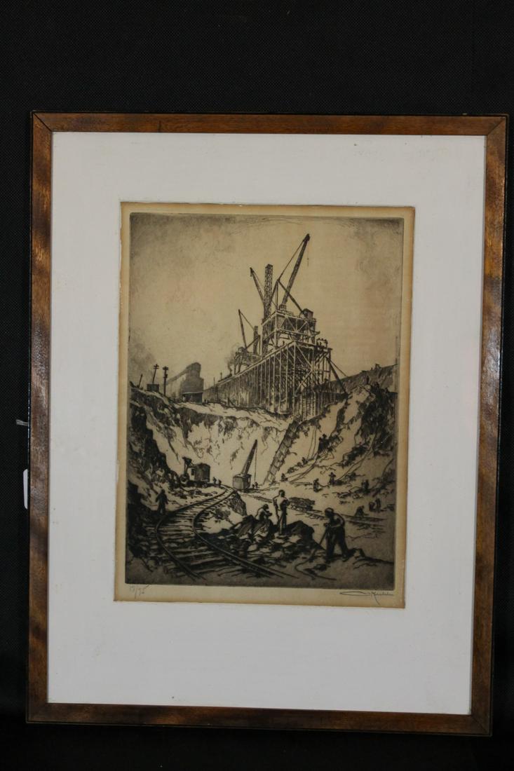 Otto Kuhler [German b.1894 d.1977]: Etching, building bridge, signed Otto Kuhler lower right and numbered lower left 17/75, sight size 13 1/2" x 10", framed size 21" x 16"