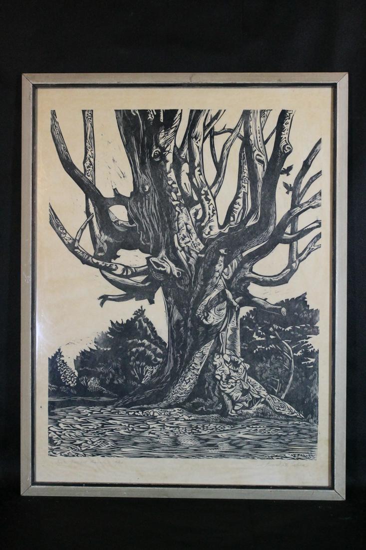 Edward Darcy Lister [British b.1911 - d.1976]: Woodblock print, titled "New Forest Beech" pencil signed, titled and numbered 3/30. sight size 26 1/2" x 20", framed size 28" x 21 1/2"