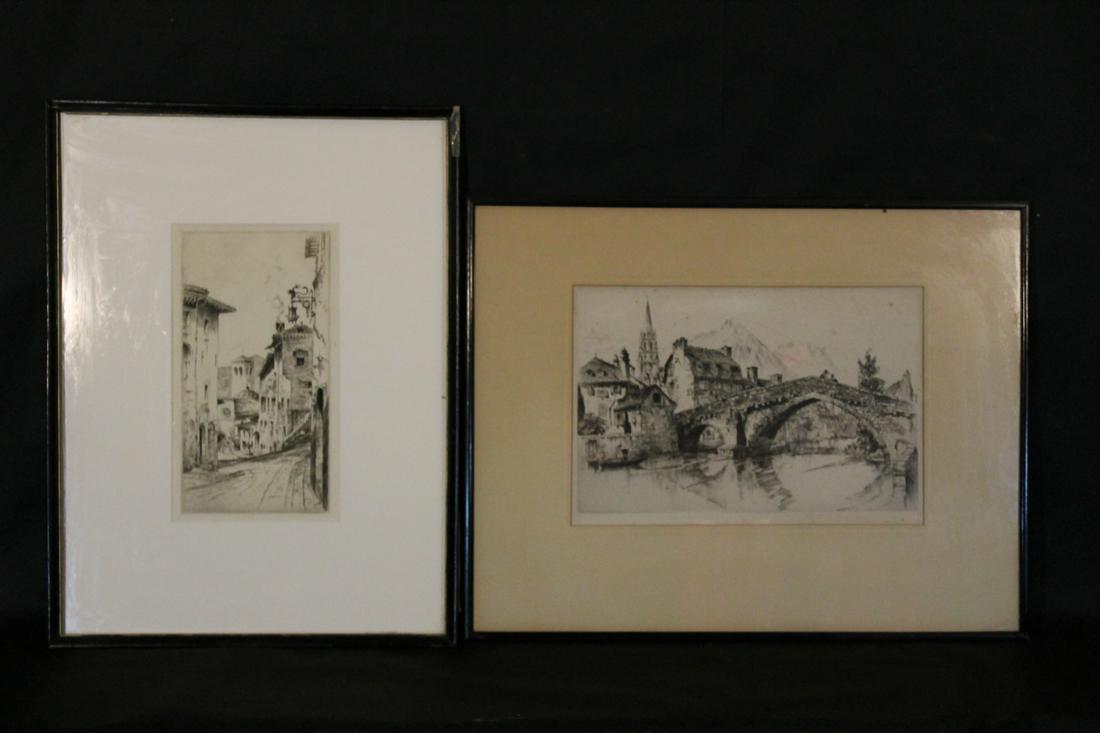 John Taylor Arms [Am. b.1887 - d.1953: lot of 2 etchings SLR and titled on reverse, "Le Pont Notre Dame Mendes" with Irving and Casson, A.H. Davenport label, plate size 8 1/2" x 13" 2. European scene SLR and dated 1925 plate size 13" x 8"