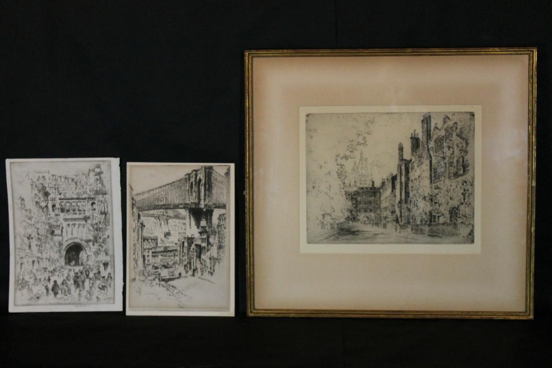 Joseph Pennell [Am. b.1857 - d.1926]: Lot of 3 etchings, all signed, 1. Titled "The Fig Tree House, Lincolns Inn" size 8 1/2" x 11" 2. New York bridge scene, size 10 1/2" x 7 1/2" 3. street scene, size 10 1/2"Larger framed piece has a M. 