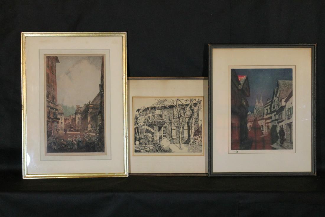 Lot of 3 Etchings: lot of 3 assorted artists, Walter Locke, titled "The Old Toledo House" SLR sight size 10" x 12", T. Francois Simon colored etching SLR sight size 14 3/4" x 11", and Louis Orr colored etching SLR sight